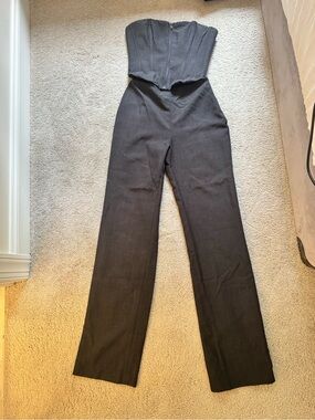Mistress Rocks Strapless Tailored Corset Jumpsuit Charcoal Gray Wide Leg